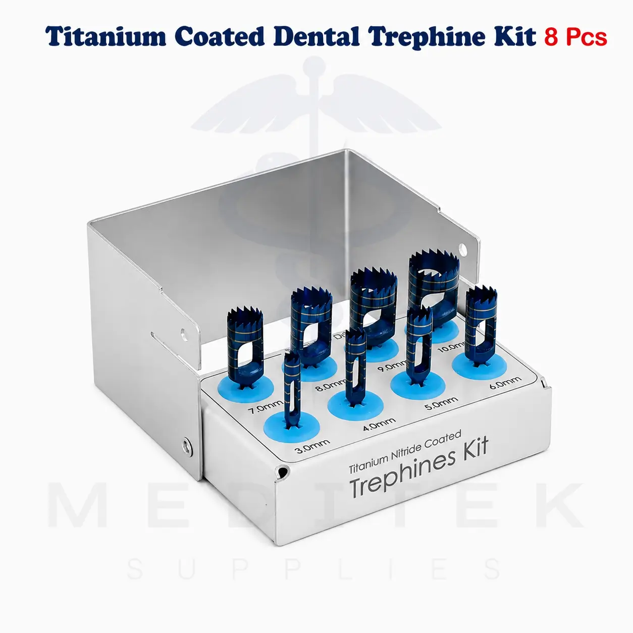 8pcs Titanium Coated Dental Trephine Kit – Bone Cutting Burs 3mm–10mm CE